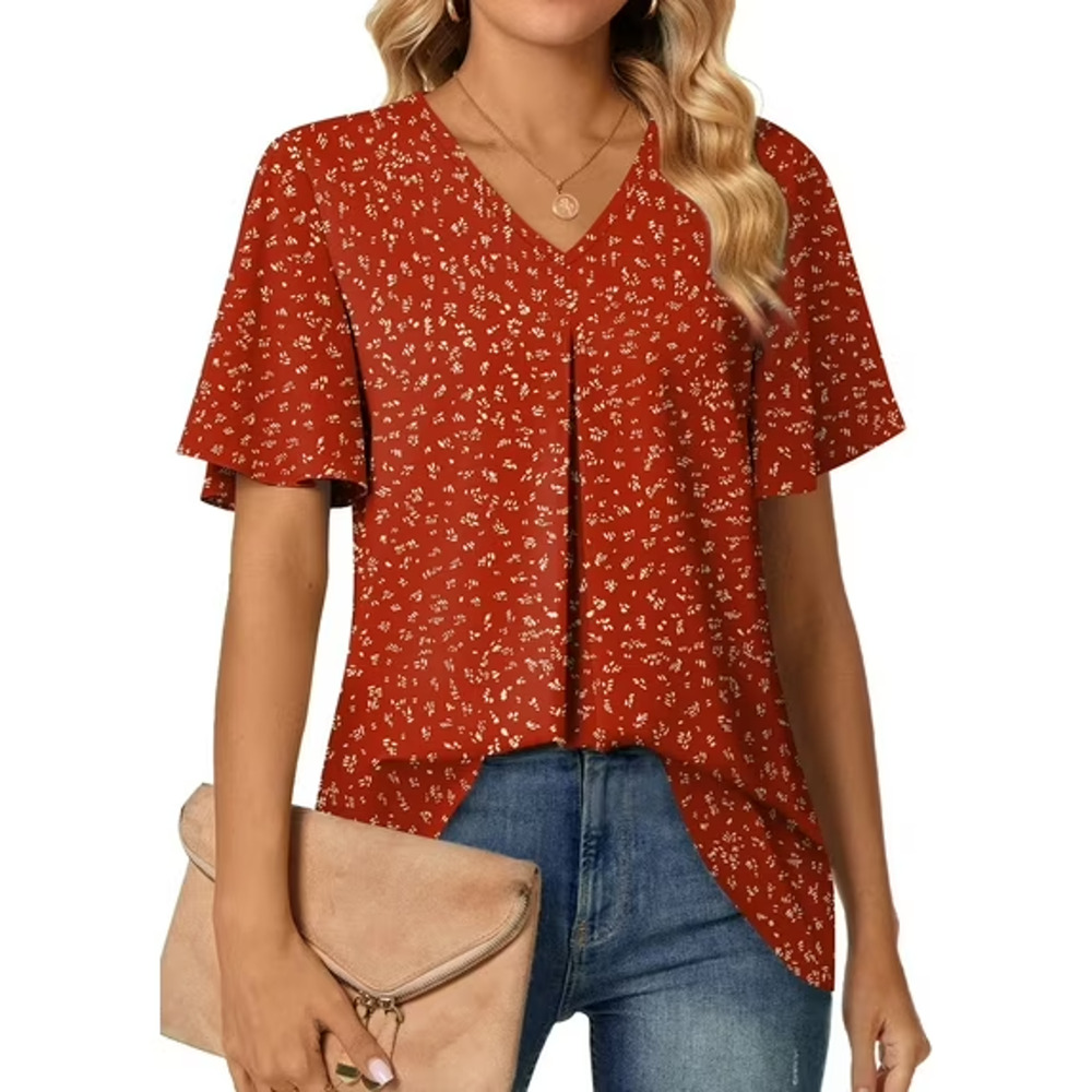 Fantaslook Women's V Neck Floral Blouse Flutter Sleeve Tunic Top Casual Work XL